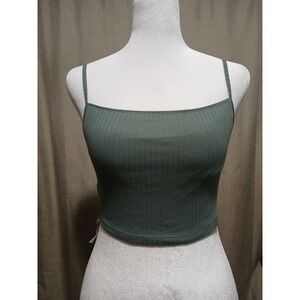 Aerie Ribbed Lace Back Crop Cami Top Sage Green Rose Gold Rings NWT